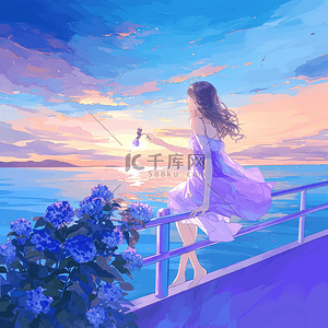 海边夕阳唯美手绘夏季插画