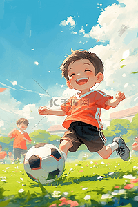 可爱男孩踢足球手绘插画海报夏天