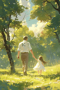 林间散步手绘父子插画海报