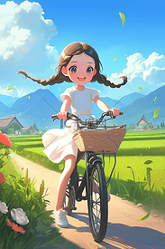 可爱女孩乡间骑车插画夏季海报