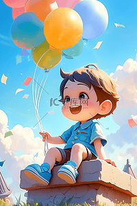 气球手绘卡通插画图片_可爱的孩子气球手绘插画海报