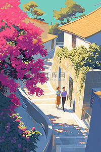 紫红色大促插画图片_城市蔷薇花手绘插画海报夏天