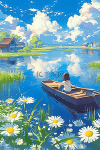 一个女孩坐着的插画图片_海边夏季雏菊唯美手绘海报图片