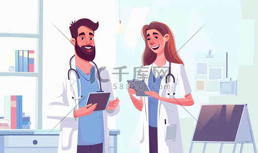 天线wifi插画图片_医疗保健 技术医学微笑医生与平板电脑病人医院