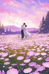 唯美浪漫紫色花海手绘夏季插画