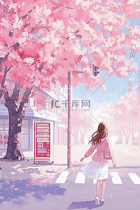 粉色的樱花树插画图片_粉色唯美手绘插画海报夏季