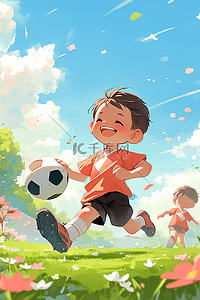 可爱男孩踢足球夏天手绘插画海报