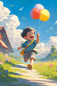 手绘夏天男孩奔跑气球插画海报