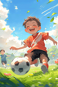 夏天可爱男孩踢足球插画手绘海报