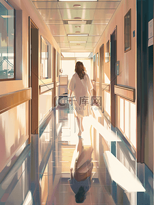 走廊标语插画图片_护士女孩病人医院走廊里散步