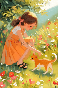 红花插画图片_夏季唯美风景动物插画海报