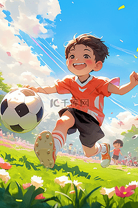 手绘夏天可爱男孩踢足球插画海报