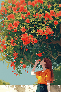 夏季蔷薇花女孩手绘唯美插画海报