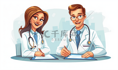 写作框架插画图片_医疗保健医疗两名医生写处方