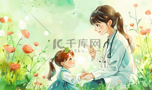 签订责任书插画图片_可爱的小女孩和医生