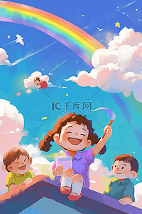 彩色彩虹夏天孩子卡通手绘插画