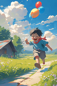气球手绘卡通插画图片_男孩奔跑气球手绘插画海报夏天
