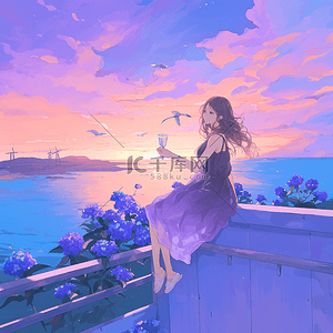 海边夕阳唯美手绘插画夏季