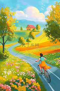 女孩道路风景手绘插画海报夏季