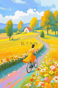 绿色手绘自行车插画图片_女孩夏季道路风景手绘插画海报