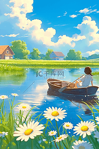 一个女孩坐着的插画图片_海边雏菊唯美夏季手绘海报插画素材