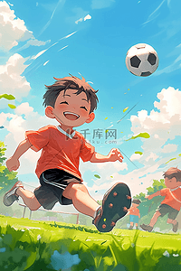 可爱男孩夏天踢足球手绘插画海报