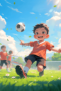 夏天可爱男孩踢足球插画海报手绘