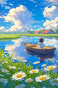 一个女孩坐着的插画图片_海报夏季海边雏菊唯美手绘插图