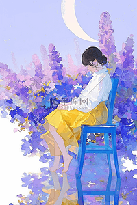蓝紫色海报插画图片_丁香花女孩唯美插画手绘
