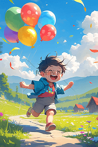 男孩夏天奔跑气球手绘插画海报
