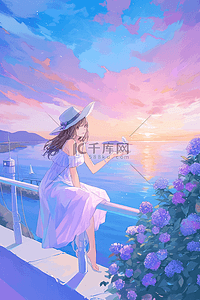 倒映插画图片_夏季海边夕阳手绘唯美插画