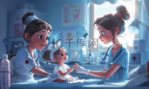 护士插画图片_护士查房生病的小女孩