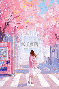 粉色的樱花树插画图片_粉色唯美夏季手绘插画海报