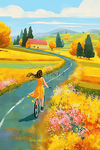 绿色手绘自行车插画图片_女孩道路风景手绘插画夏季海报