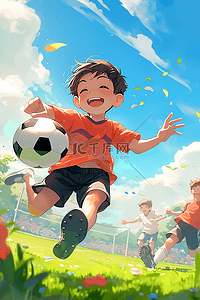 看董足球插画图片_可爱男孩踢足球手绘插画夏天海报