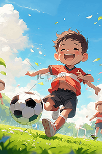 可爱男孩踢足球手绘夏天插画海报