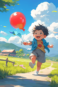 夏天男孩奔跑气球插画海报手绘