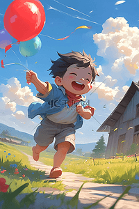 男孩奔跑气球手绘插画夏天海报