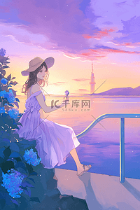 倒映插画图片_夏季手绘海边夕阳唯美插画