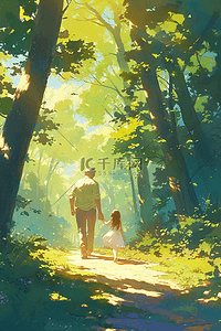 父子林间散步手绘插画海报