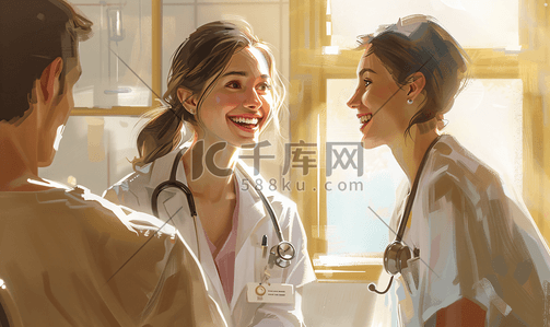 相互鼓励插画图片_微笑的医生医院女孩病人交谈