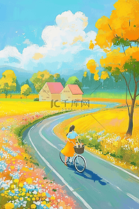 绿色手绘自行车插画图片_手绘夏季女孩道路风景插画海报