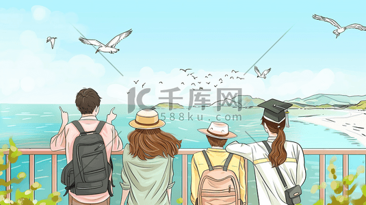 年会合影牌插画图片_毕业季海边合影插画3