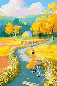 黄色的花手绘插画图片_夏季女孩道路风景插画海报手绘