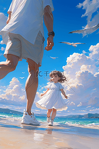 银白色高跟鞋插画图片_父子海边玩耍手绘插画海报