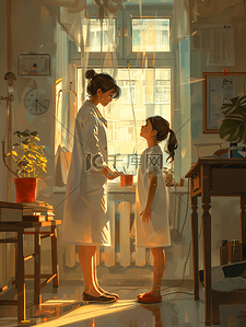 护士检查室靠窗户测量女孩的身高