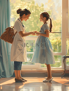 医疗和插画图片_小女孩和妈妈一起看医生
