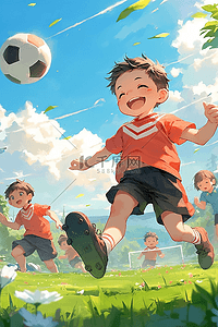 夏天手绘可爱男孩踢足球插画海报