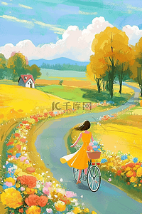 黄色的花手绘插画图片_夏季女孩手绘道路风景插画海报