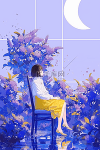 蓝紫色海报插画图片_丁香花插画女孩唯美手绘